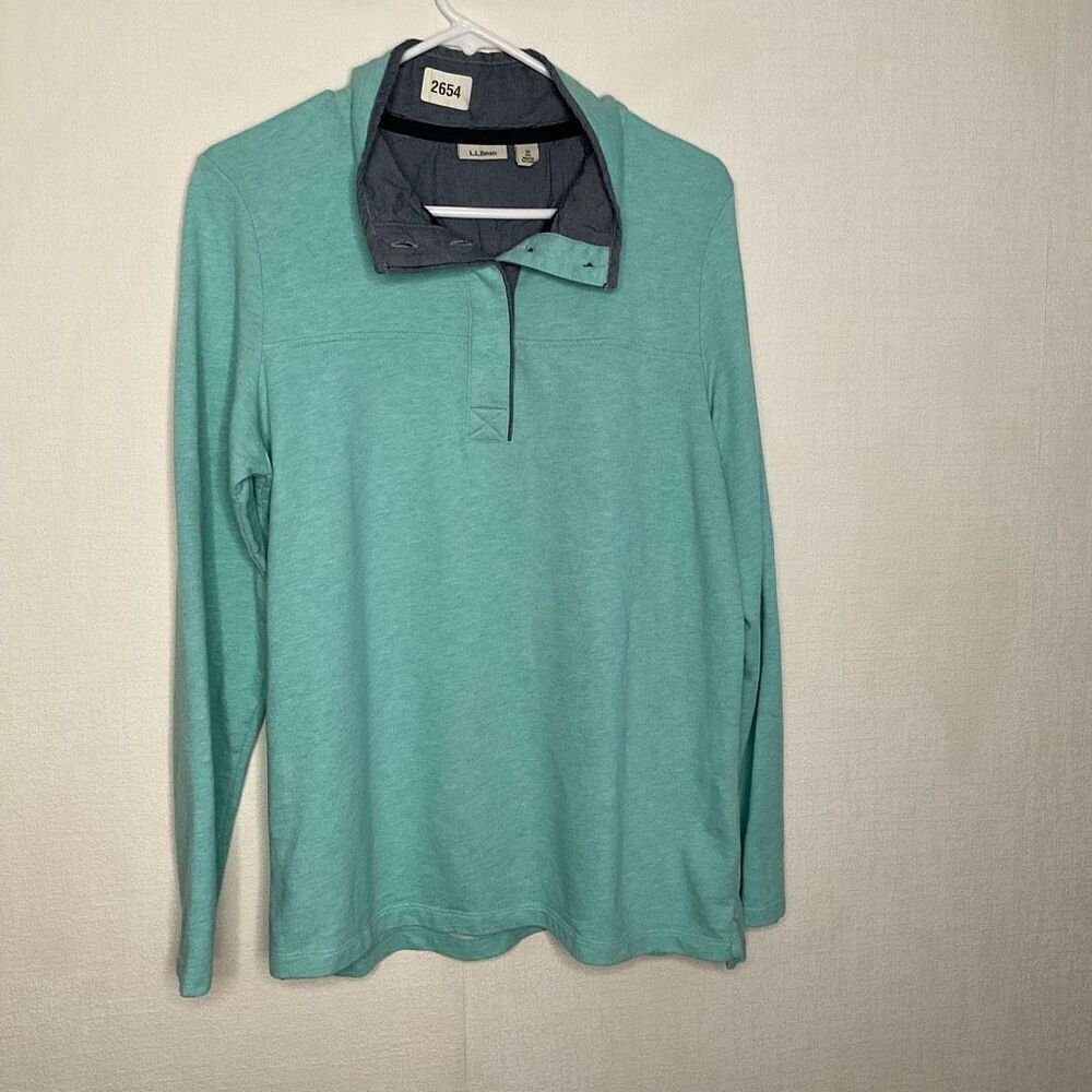 LL Bean Shirt‎ Mens Size M Blue Mock Neck Pullover Long Sleeve Cotton Buttons